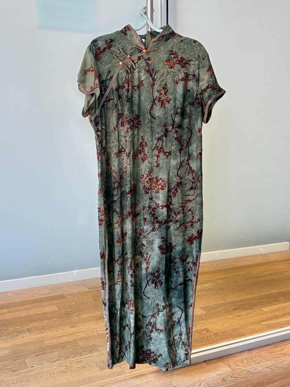 Green Brown Flocked Flora Qipao Long Dress - Chinese Traditional Cheongsam